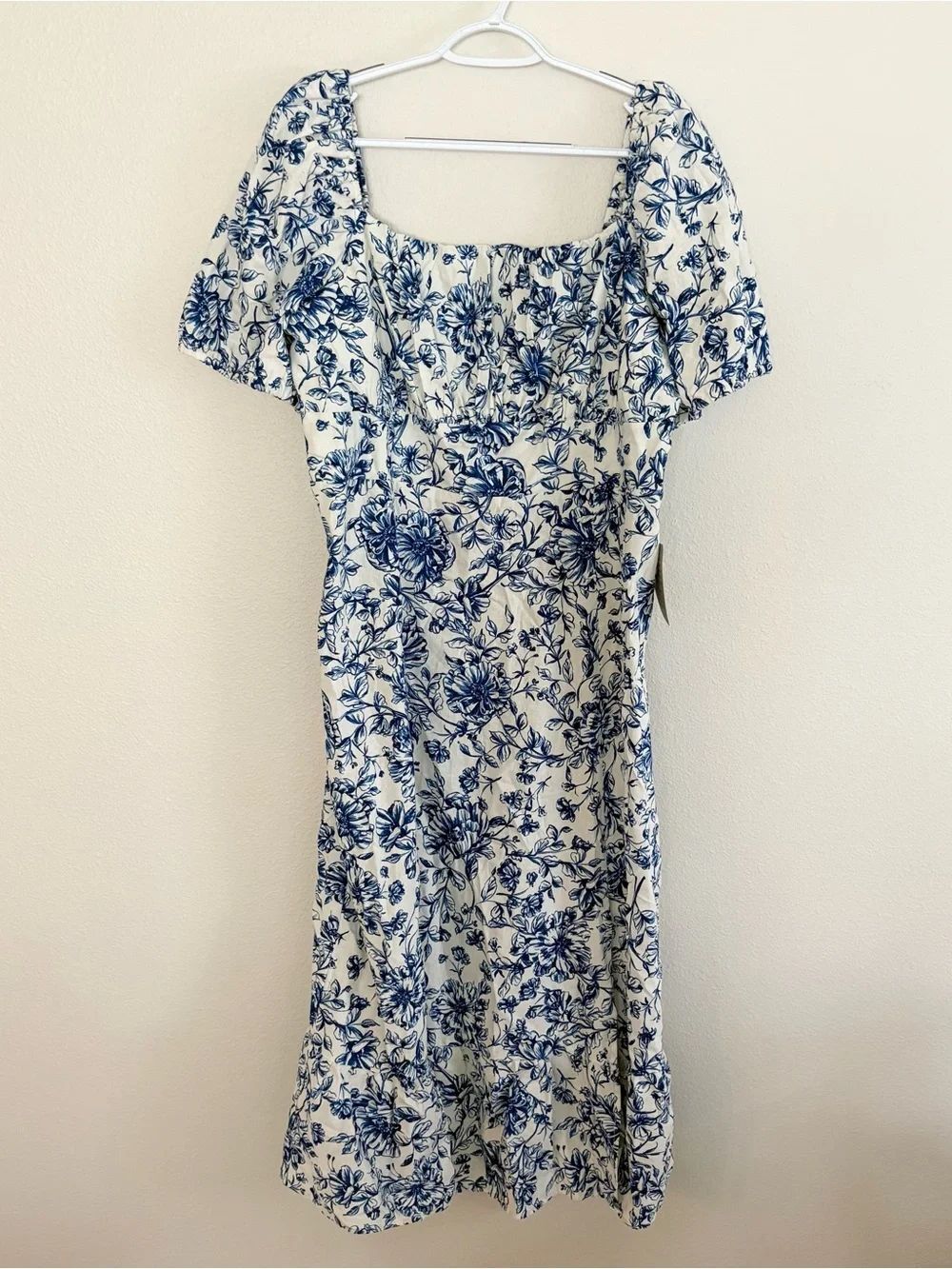 NWT London Times Blue White Floral Smocked Short Sleeve Maxi Dress Linen Sz 16W